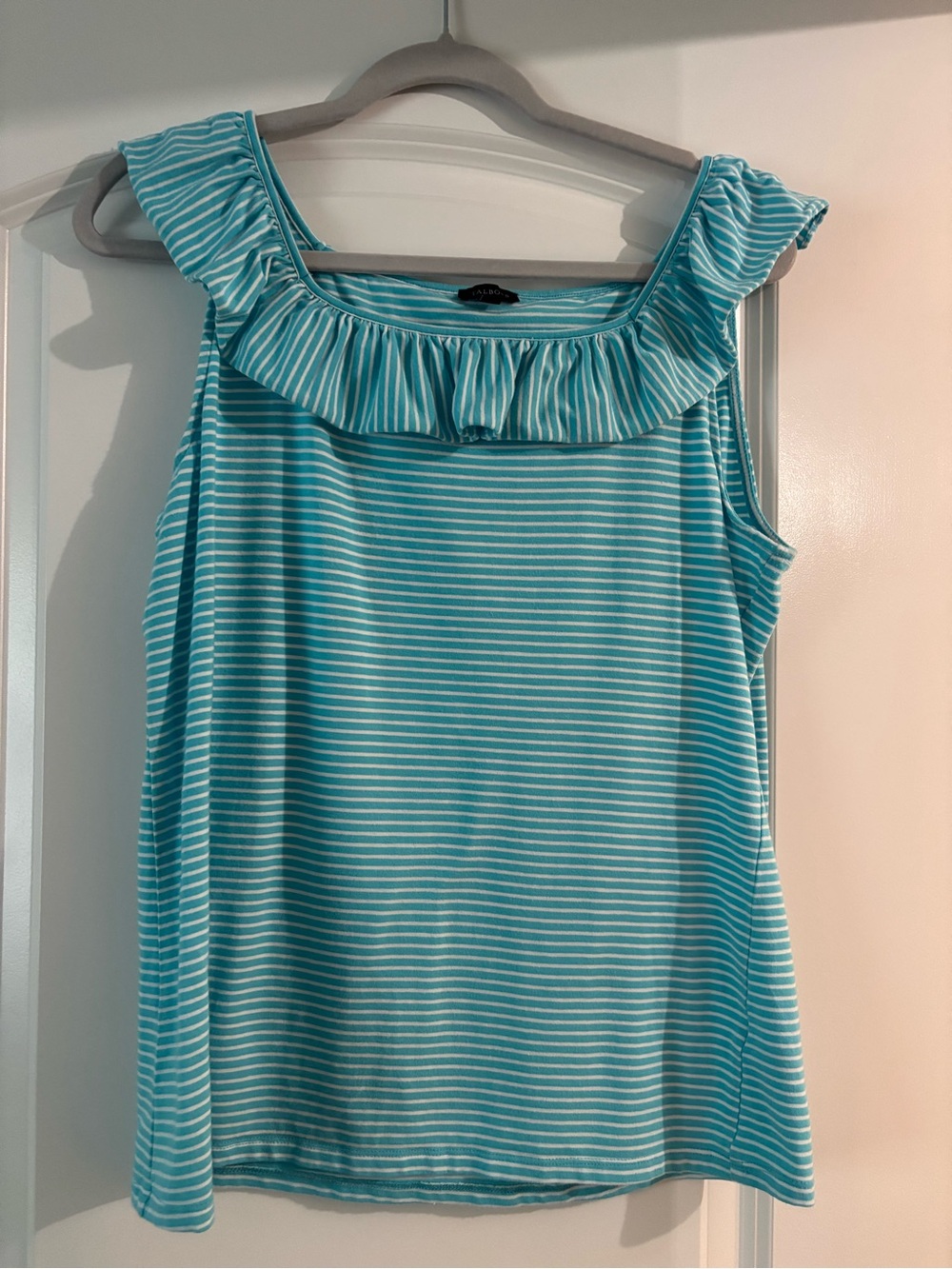 Talbots Aqua and White Striped Ruffle Neck Tank